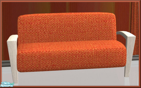 Sims 2 — NK Orange Cream LR - Loveseat by MoMama — An orange tweed loveseat with white wood frame.