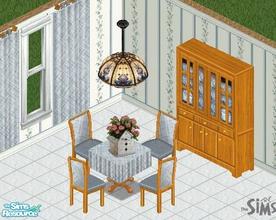 Sims 1 — Country Oak Dinette Set by CactusWren — Includes: Table, Chair, Cabinet, Chandelier, Curtain, Decoration