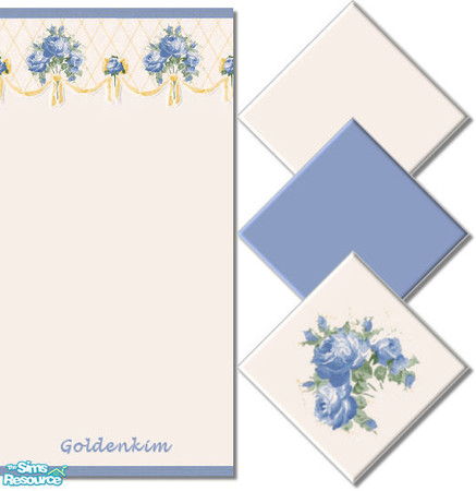 Sims 2 — Blue roses kitchen wall and floors  by goldenkim — 
