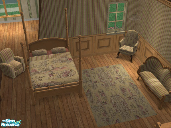 Sims 2 — JP Toile & Silk Stripe Bedroom by Jonchloe — This is a set recolored from Maxis Items with bedding, rug,