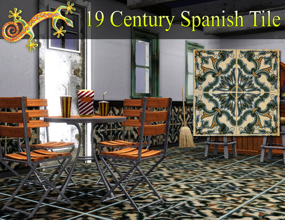 Sims 3 — Spanish Ceramic Tile by hela69 — 19 Century Valencian Spanish Ceramic Pattern (v2 green) by Hela69