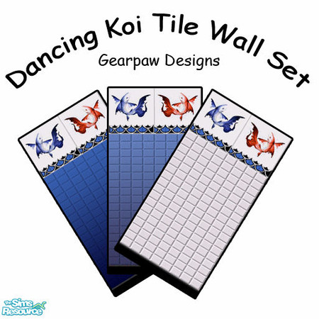 Sims 2 — Dancing Koi Tile Wall Set by ToreySim — Blue and Red Koi pose over waves atop an ocean of tile in blue, pale