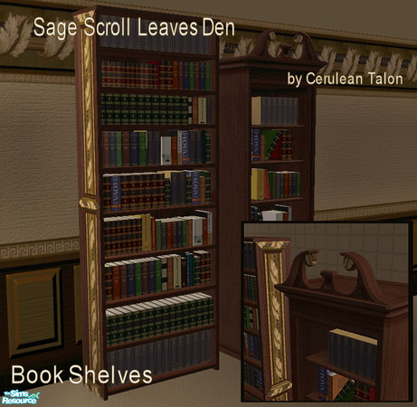 Sims 2 — Sage Scroll Leaves Den -  Tall Bookcase by Cerulean Talon — Beautiful colors and rich deep textures make this