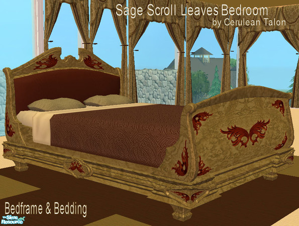 Sims 2 — Sage Scroll Leaves Bedroom - Bed Frame & Bedding by Cerulean Talon — Beautiful colors and rich deep textures