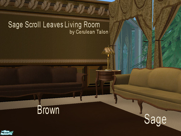 Sims 2 — Sage Scroll Leaves Living Room - Green Colonial Lounge by Cerulean Talon — Beautiful colors and rich deep
