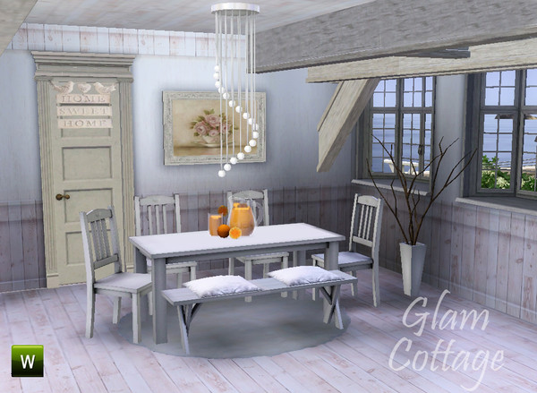 Sims 3 — Glam Cottage Dining Room by deeiutza — Glam Cottage Dining Room. Set contains 11 meshes: table, chair, bench