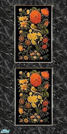Sims 2 — NK TC33 Bedroom - Wall by MoMama — A black marbled wall with orange and yellow floral inserts.
