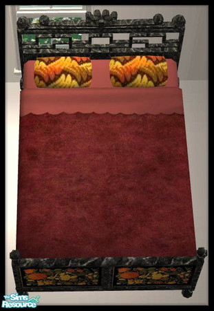 Sims 2 — NK TC33 Bedroom - Bedding by MoMama — A red velvet quilt with matching sheets and yellow and orange leafy
