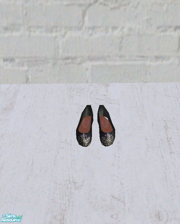 Sims 2 — Black Rhinestoned Ballet Flats by salixlikescake — Black ballet flats with rhinestones on the toe, and a leather