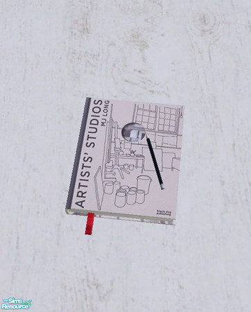 Sims 2 — Artist Studio Book by salixlikescake — Artists\' Studios book. Place marked with a red ribbon, with a black pen