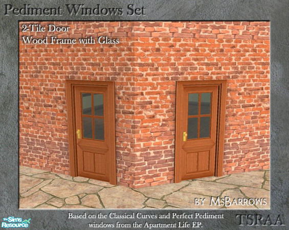 Sims 2 — Pediment Set - 2-Tile Door - Wood Glass D by MsBarrows — Wood framed 2-tile wide door with glass panes. Diagonal