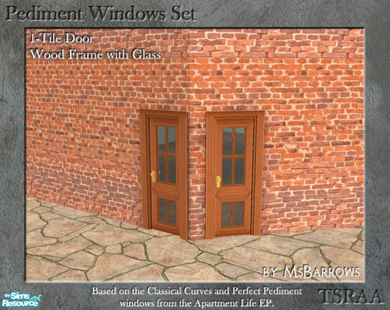 Sims 2 — Pediment Set - 1-Tile Door - Wood Glass D by MsBarrows — Wood framed 1-tile wide door with glass panes. Diagonal