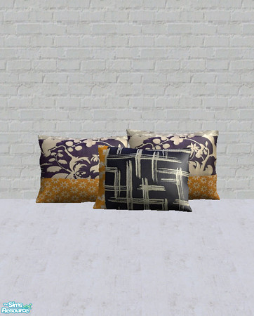 Sims 2 — Harriet Bed Pillows One by salixlikescake — Three yellow and blue patterned pillows.