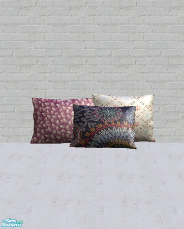 Sims 2 — Harriet Bed Pillows Two by salixlikescake — Two patterned pillows, and one dark blue embroidered pillow.