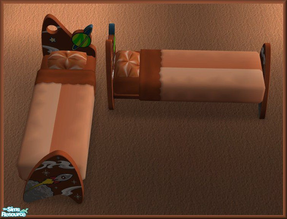 Sims 2 — NK TC31 Bedroom - Space Kids Bed by MoMama — A brown bedframe with peachy bedspread and peachy diamond pillows.
