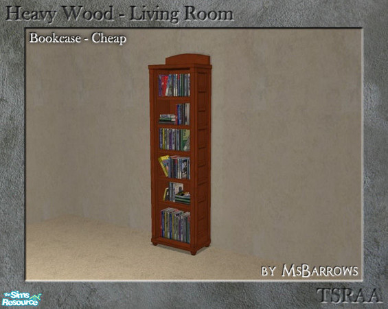 Sims 2 — Heavy Wood Living - Bookcase Cheap by MsBarrows — A mesh for a Heavy Wood bookcase with cheap books.