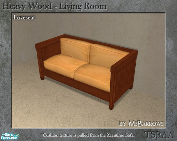 Sims 2 — Heavy Wood Living - Loveseat by MsBarrows — A mesh for a Heavy Wood loveseat. Cushion textures are pulled from