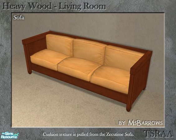 Sims 2 — Heavy Wood Living - Sofa by MsBarrows — A mesh for a Heavy Wood sofa. Cushion textures are pulled from the