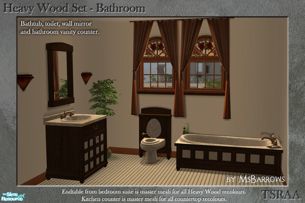 Sims 2 — Heavy Wood Bathroom by MsBarrows — A set of meshes for a Heavy Wood bathroom.