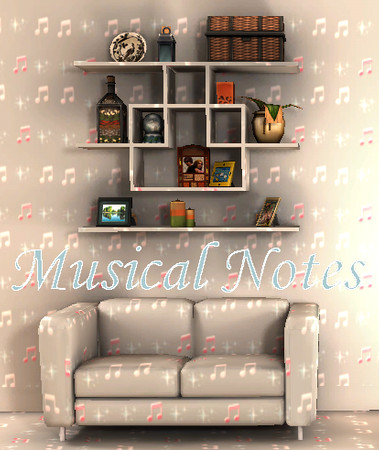 Sims 3 — Musical Notes by bostontyme — Shown here on sofa, wall, shelf, floor. Please comment or thank if used! Thanks!
