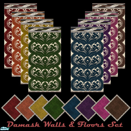 Sims 2 — Damask Walls & Floors Set by Sheera — This set includes 16 items : 8 walls and their 8 matching floors with