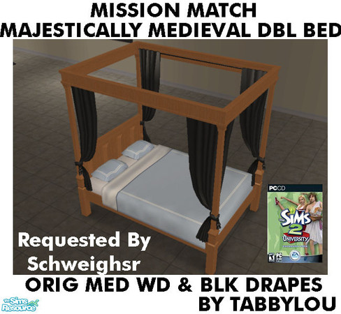 Sims 2 — TL - MM MajesticMedDblBed OrigMediumBlkWd by TabbyLou — Maxis Original Medium Wood & Black Drapes Recolor of