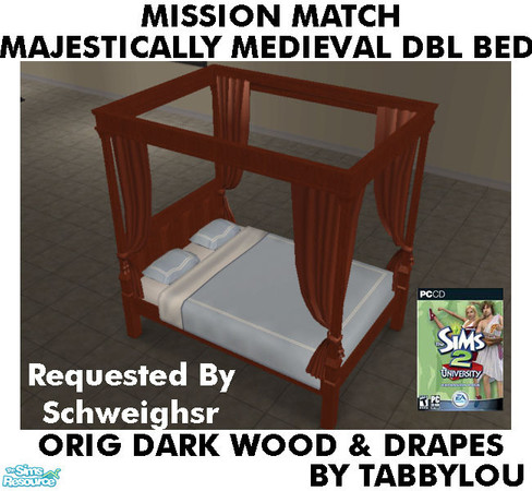 Sims 2 — TL - MM MajesticMedDblBed OrigDarkAllWd by TabbyLou — Maxis Original Dark Wood & Dark Drapes Recolor of
