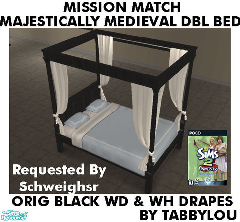Sims 2 — TL - MM MajesticMedDblBed OrigblackWhWd by TabbyLou — Maxis Original Black Wood & White Drapes Recolor of