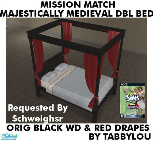 Sims 2 — TL - MM MajesticMedDblBed OrigBlackRedWd by TabbyLou — Maxis Original Black Wood & Red Drapes Recolor of
