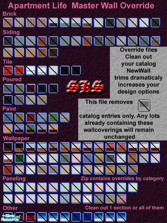 Sims 2 — Apartment Life Master Wall Override by 71robert13 — Zip contains an \"All\" file that will remove all