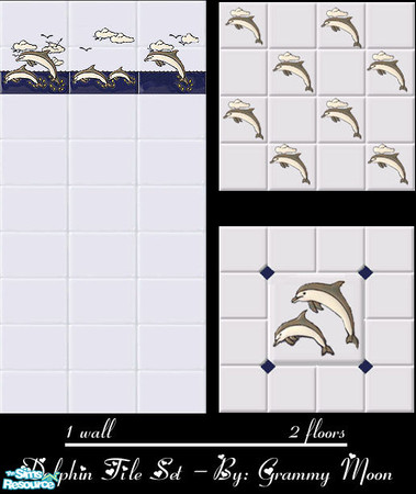 Sims 2 — Dolphin Tile Set by Grammy_Moon — Set includes 1 tile wall and 2 tile floors with a dolphin design. 