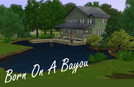 Sims 3 — Bayou Born by Birchpath64 — 60x60 lot features a small saltbox surrounded by water supported by stone pillars.