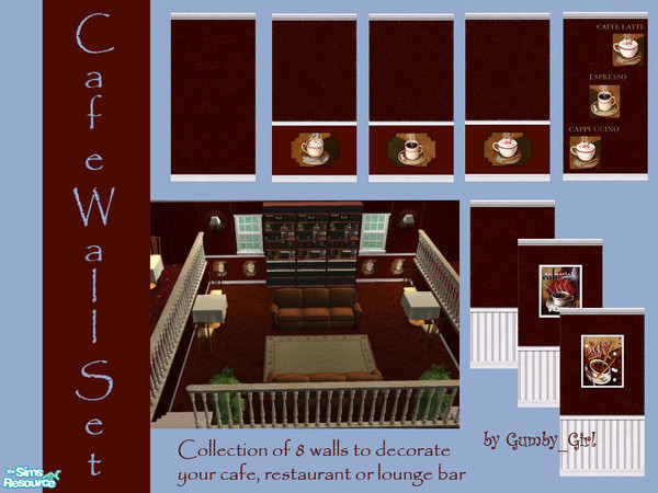 Sims 2 — Cafe Wall Set by Gumby_Girl — Set of eight Cafe walls. A mixture of rich burgandy/brown walls with white