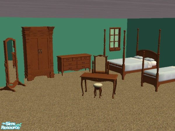 Sims 2 — Country Bedroom in Cherry by tamlfra — I love the Seasons country set, but prefer dark wood tones. So I\'ve