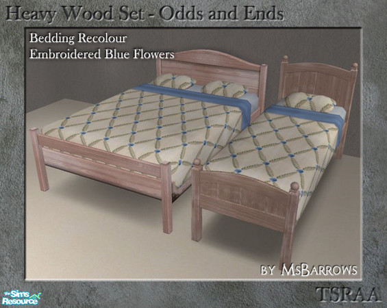 Sims 2 — Heavy Wood - Embroidered Blue Flower Bedding by MsBarrows — Simple woven cream bedding embroidered with a rather