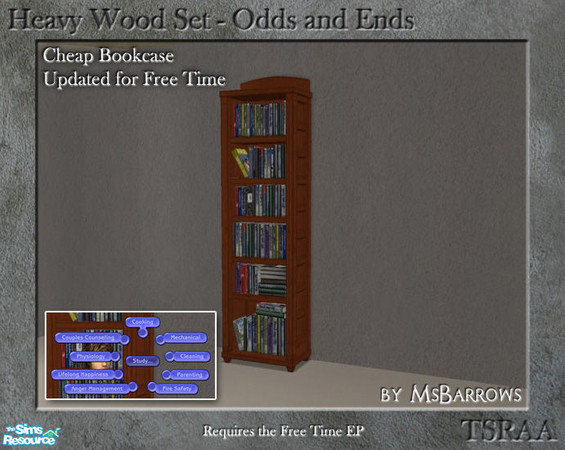 Sims 2 — Heavy Wood - Cheap Bookcase - FT by MsBarrows — Cheap bookcase updated for Free Time. Books on shelves have been