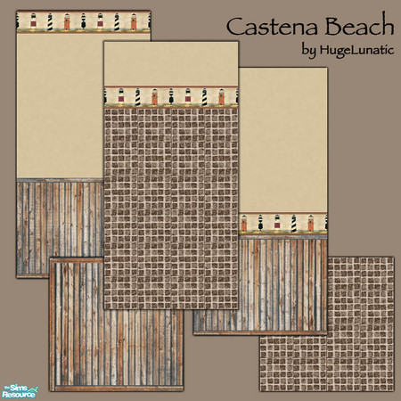 Sims 2 — Castena Beach Wall & Floor Set by HugeLunatic — Rustic wood and stucco walls with a lighthouse border, for