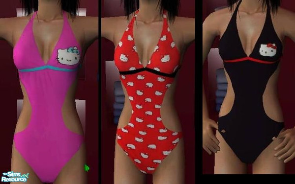 Sims 2 — 3 Hello Kitty Monokinis by VoiceOfTheFell — This set includes 3 Hello Kitty monokinis found on Hot Topic\'s