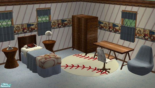 Sims 2 — Dugout Bedroom by Riverwillows — Great bedroom featuring hand-me-down weathered oak furniture, and baseball