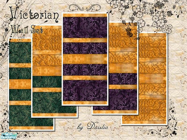 Sims 2 — Victorian Wall Set by Daislia — 5 walls come with purple & green & gold. Nice for any victorian