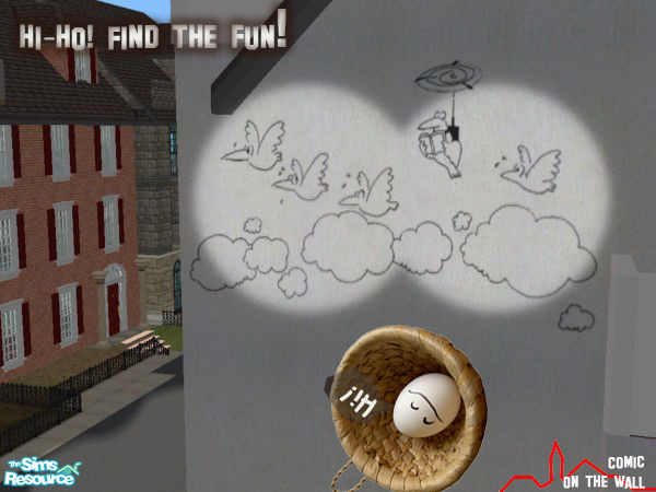 Sims 2 — Fly by artrui — A set of four items apear under the category \"Wall/Paint\". Caricature by AMing.