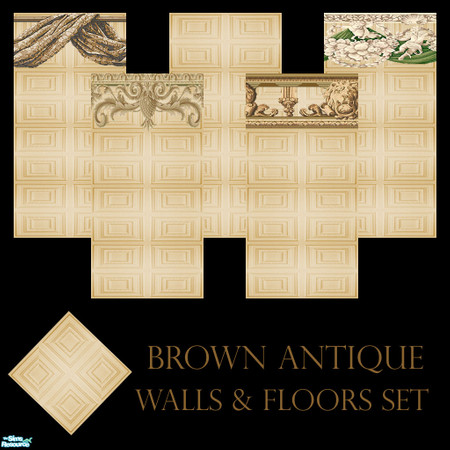 Sims 2 — Brown Antique Walls & Floors Set by Sheera — This set includes 6 items : 5 walls and their one matching