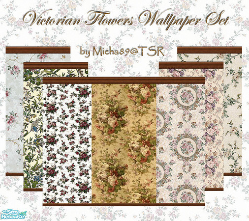 Sims 2 — Victorian Flowers Wallpaper Set by micha89 — set of 7 wallpapers in flowery design with dark wooden molding. I