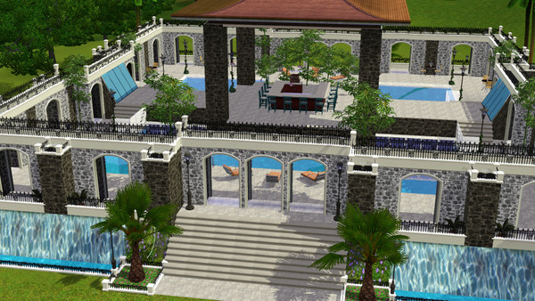 Sims 3 — Sims Gardens by ltoole — Community hangout with pool, cocktail bar, gardens, scenic balconies, waterfalls, solar