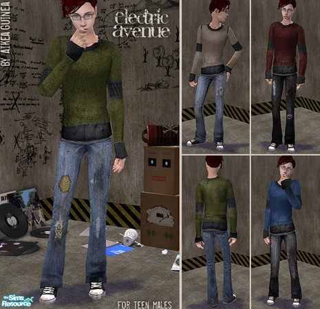 Sims 2 — Electric Avenue - Grungy Sweaters for Teen Males by aikea_guinea — Set of four grungy sweaters with sneakers and