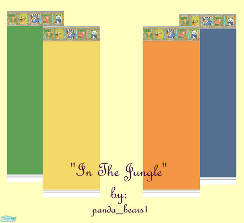 Sims 2 — In The Jungle by panda_bears1 — Set of 4 walls, bright green, orange, yellow and blue with a jungle border at