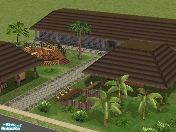 Sims 2 — Aztec Marketplace by Hordriss — A partially open marketplace with stalls, thatched shelters, and an open-air bar