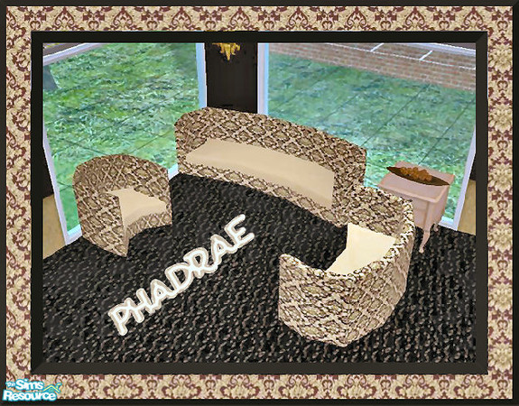 Sims 2 — Novelty Living Room Set by Phadrae — A quaint living room set in shades of tan and maroon. Includes a sofa,