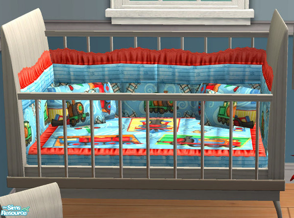 Sims 2 — Trains Atomic Nursery - Crib Bedding by Simaddict99 — blue & red train bedding. This will reoclor both Maxis