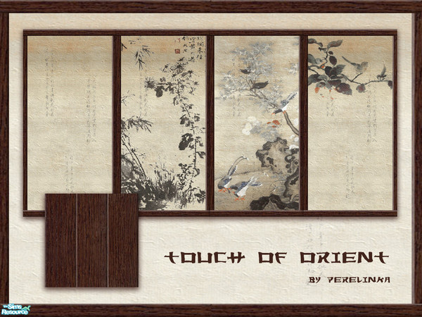 Sims 2 — TOUCH OF ORIENT by perelinka — Set of oriental walls with floral motif and wood frame. Wooden floor included.